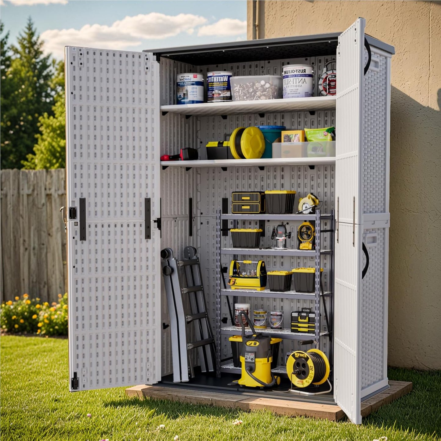 Patiowell 50 cu.ft Plastic Outdoor Storage Shed, Lockable Waterproof Resin Storage Cabinet Vertical Storage Shed for Garden Tools, Garbage Cans, Pool Supplies, White(Not Include Shelves)