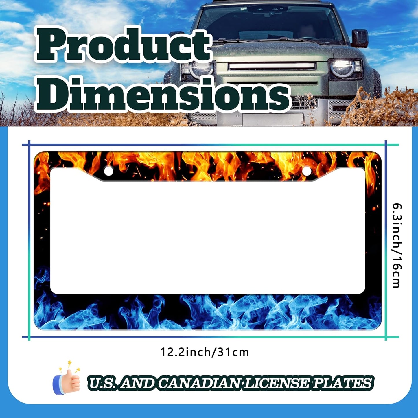 Red and Blue Flames License Plate Frame Abstract Fire License Plate Holder for Front or Rear Car Tags Stainless Steel Funny Car Decoration with Screws 6.3 X 12.2 in