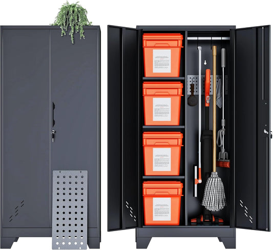 61" H Metal Storage Cabinet, Storage Shed with Shelves for Brooms and mops, Cleaning Supplies Closet with Removable Pegboard for Outdoor, Garage, Utility Room