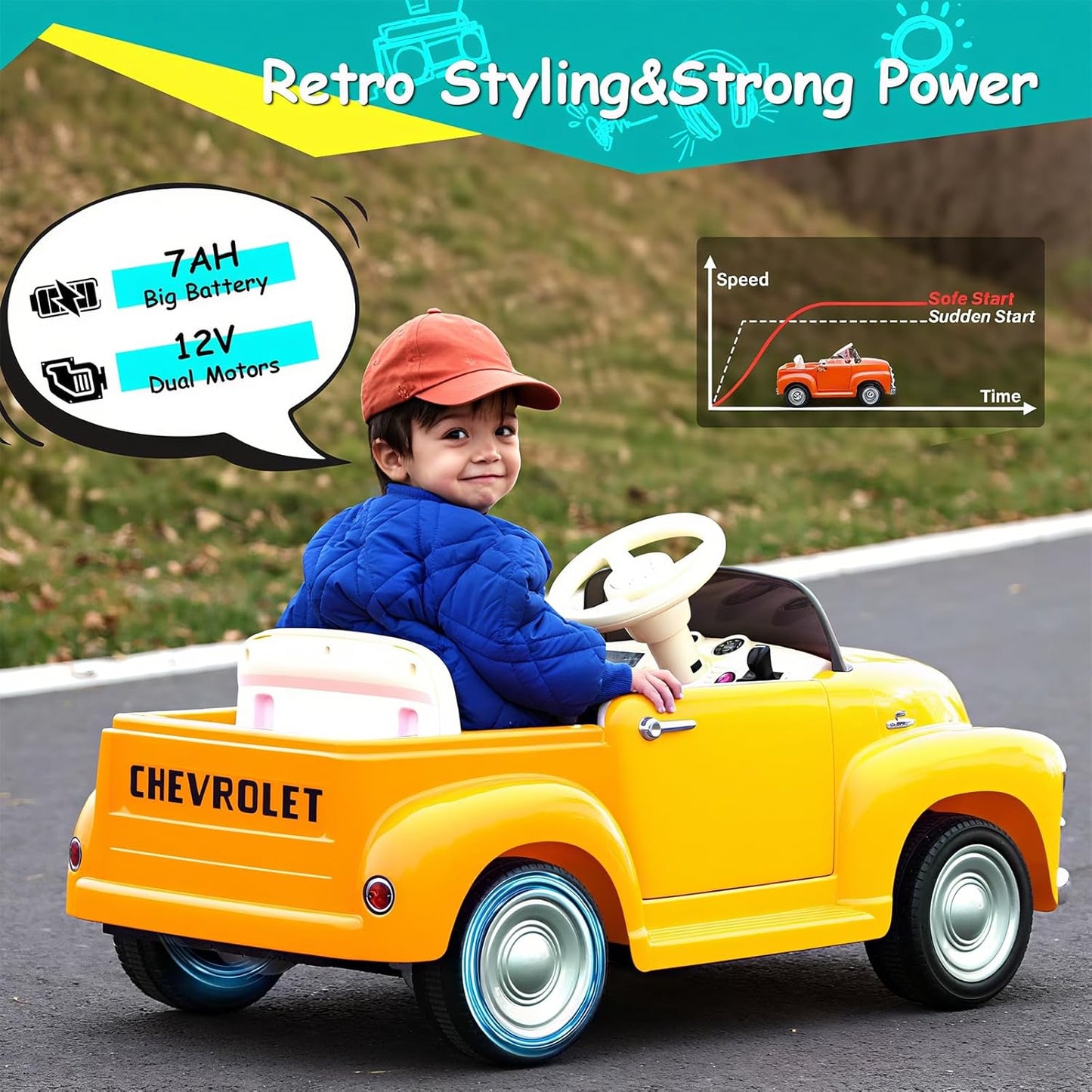 Joywhale 12V Kids Ride on Car Licensed Chevrolet 3100 Pickup Battery Powered Motorized Electric Car with 7AH Big Battery 2.4G Remote Control 3-Speeds Storage Space Music Retro Style, Yellow