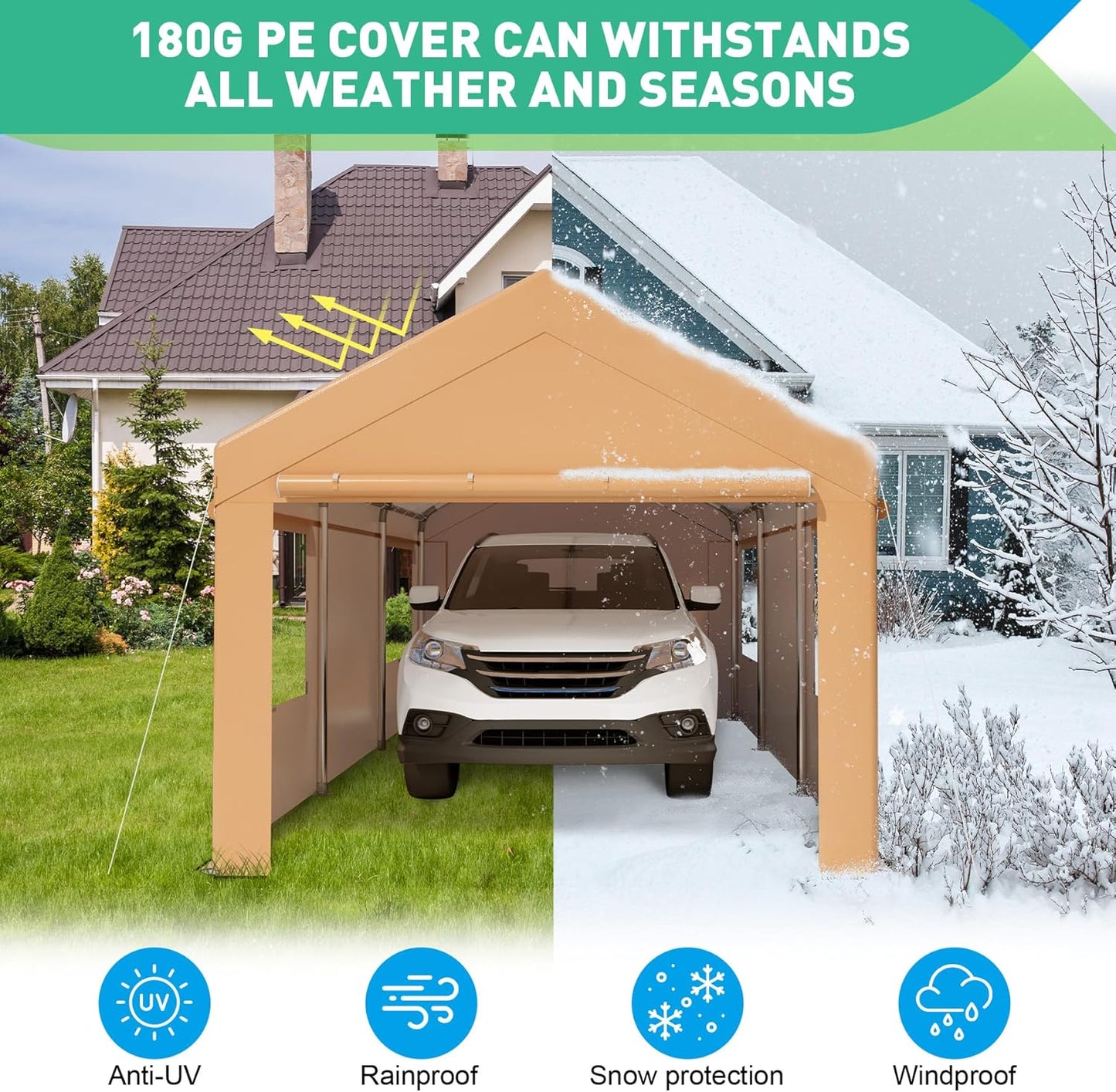 10X20 Ft Heavy Duty Carport Canopy, Portable Garage, Car Tents, Easy to Assemble, Reinforced Structure, with Hanging Edge, Applicable to Car, Bike, Boat, Party (Yellow)