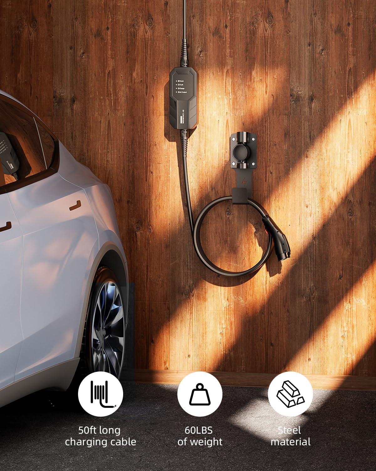 EV Charger Holder, with 180° Rotation Nozzle Dock, Metal J-Hook for SAE J1772 Charger Holder Organizer Wall-Mount Connector Electric Vehicle Charging Cable Car Accessories