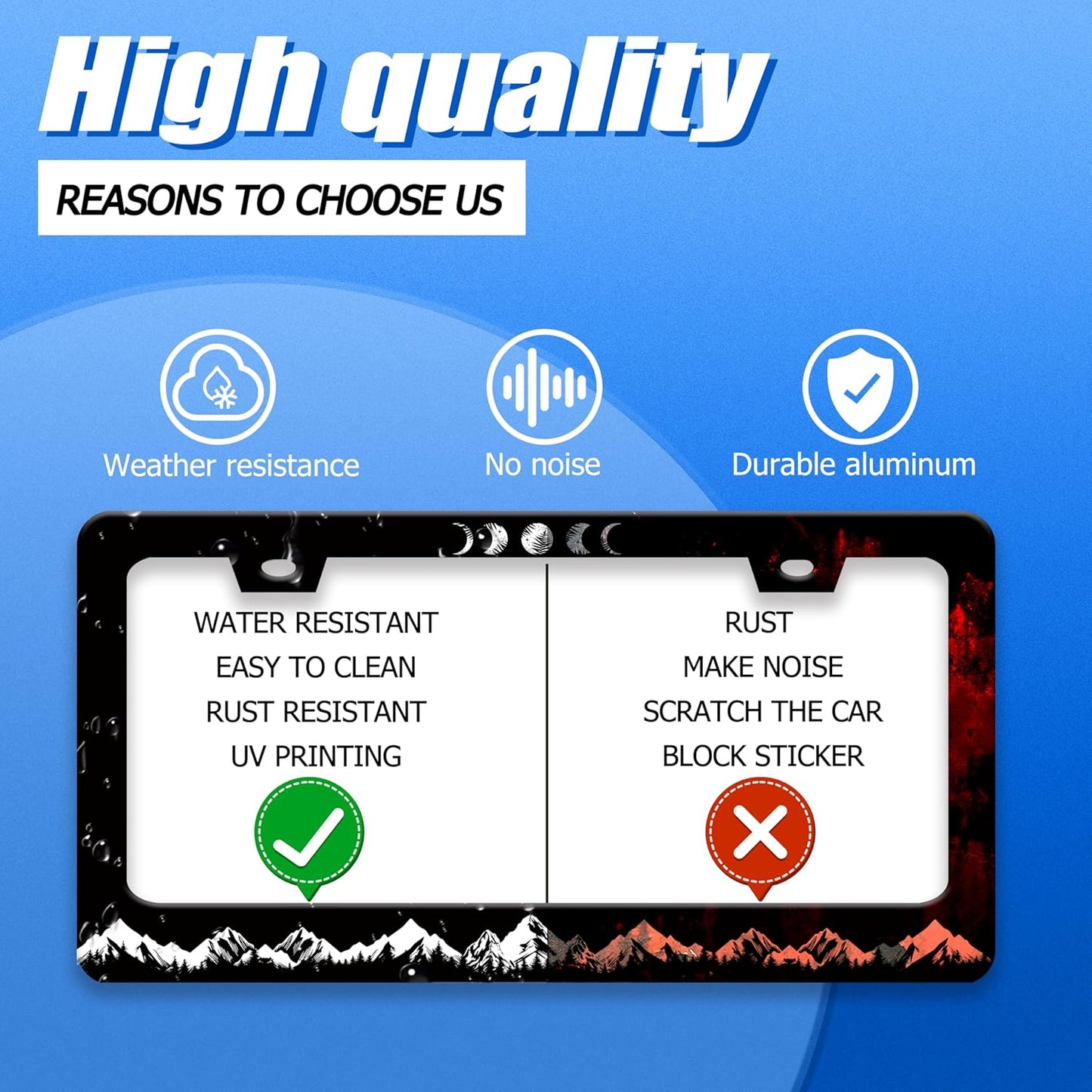 Moon Phase License Plate Frame Mountains Forest License Plate Stainless Steel Funny License Plate Holder for Men Women Universal Black Car Accessories Decoration 12.3" x 6.3"