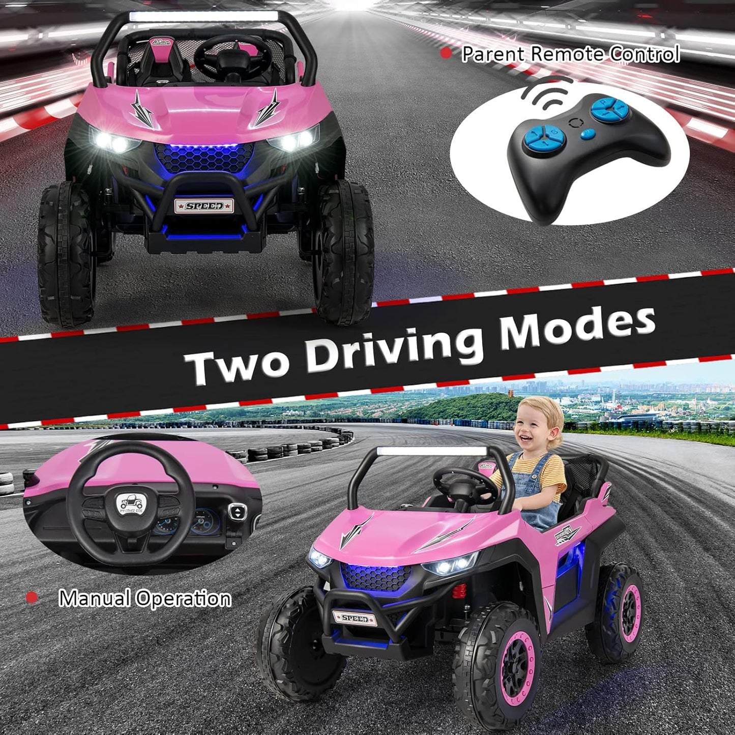 Costzon 2-Seater Ride on Car for Kids, 12V Kid' Electric Vehicles w/Remote Control, 4 Shock Absorbers, Wireless Music & FM, 3 Speeds, Ambiance Lights, Electric UTV, Kids Car for Boys Girls (Pink)