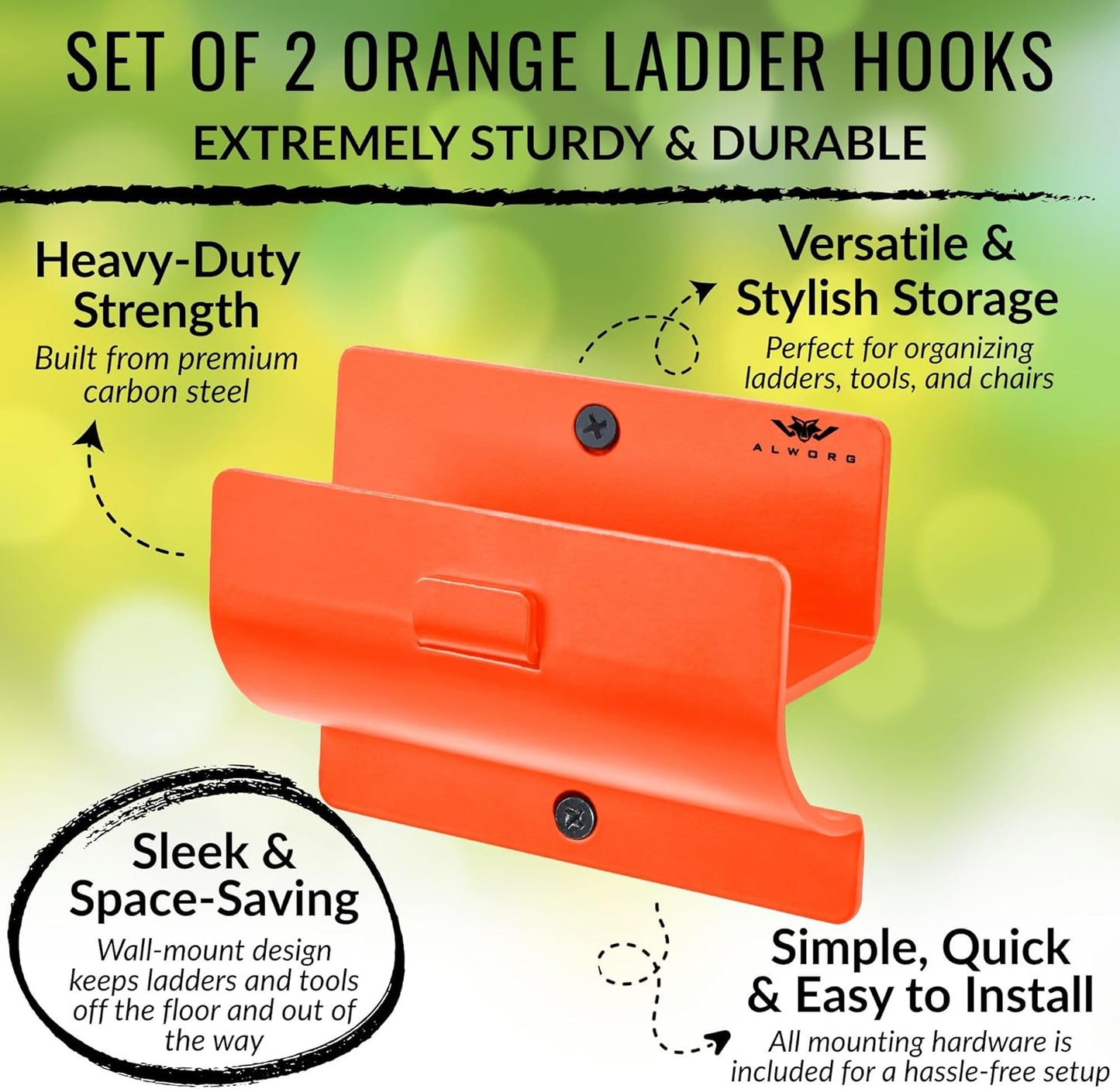 Ladder Hangers for Garage Wall Set of 2 Hooks- Orange Step Stool Hanger Wall Mount. Tool Holder for Shed, Workshop, Garden - Hang Wheelbarrow, Folding Chair