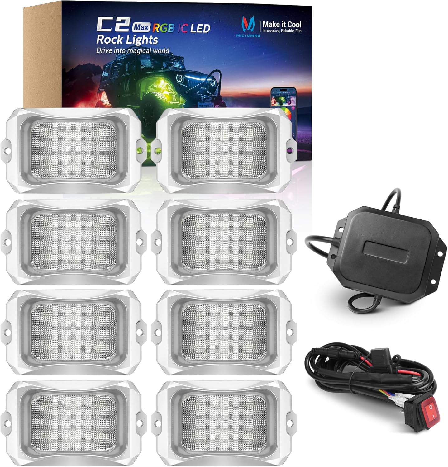 MICTUNING C2 MAX RGB+IC LED Rock Light with White Housing - 8 Pods Chasing Color Underglow Lights Kit, Dynamic Lighting Modes, APP Control, IP68 Waterproof, DIY Effect, Up to 24pods Extensible