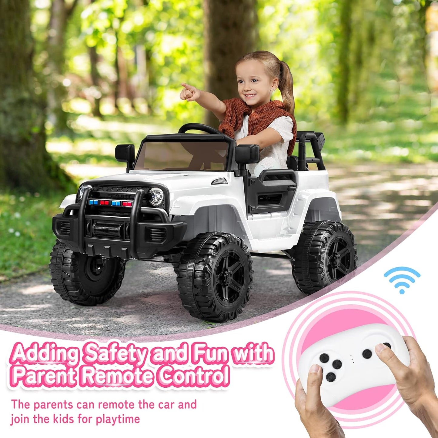 JOYMOR Ride on Truck with Remote Control, 4 Wheels 12V Battery Powered Kids Car, with LED Headlight/Horn Button/ MP3 Player/USB Port/Forward Backward/Kids Girl Boy (White)