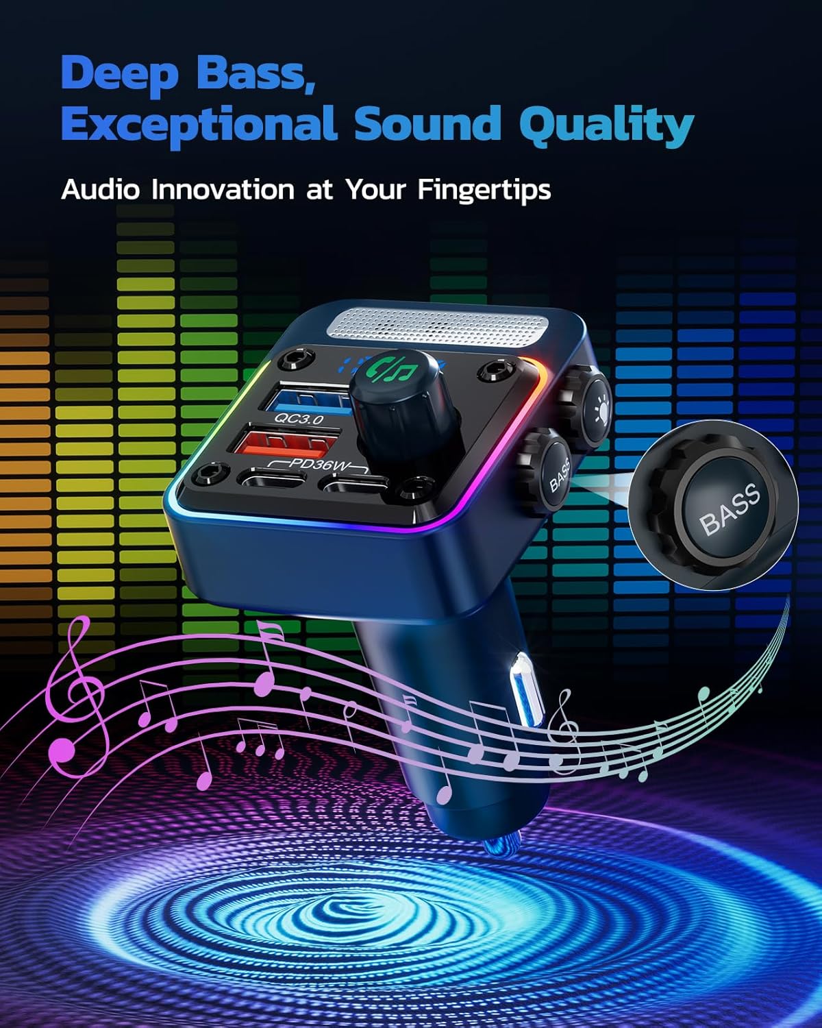 Nulaxy 54W Bluetooth 5.3 Car Adapter with 4 Charging Ports [PD 36W & QC3.0 18W], Wireless Radio FM Transmitter with Deep Bass Player & 5 Colors LED Backlit, Hands-Free Calling - Blue