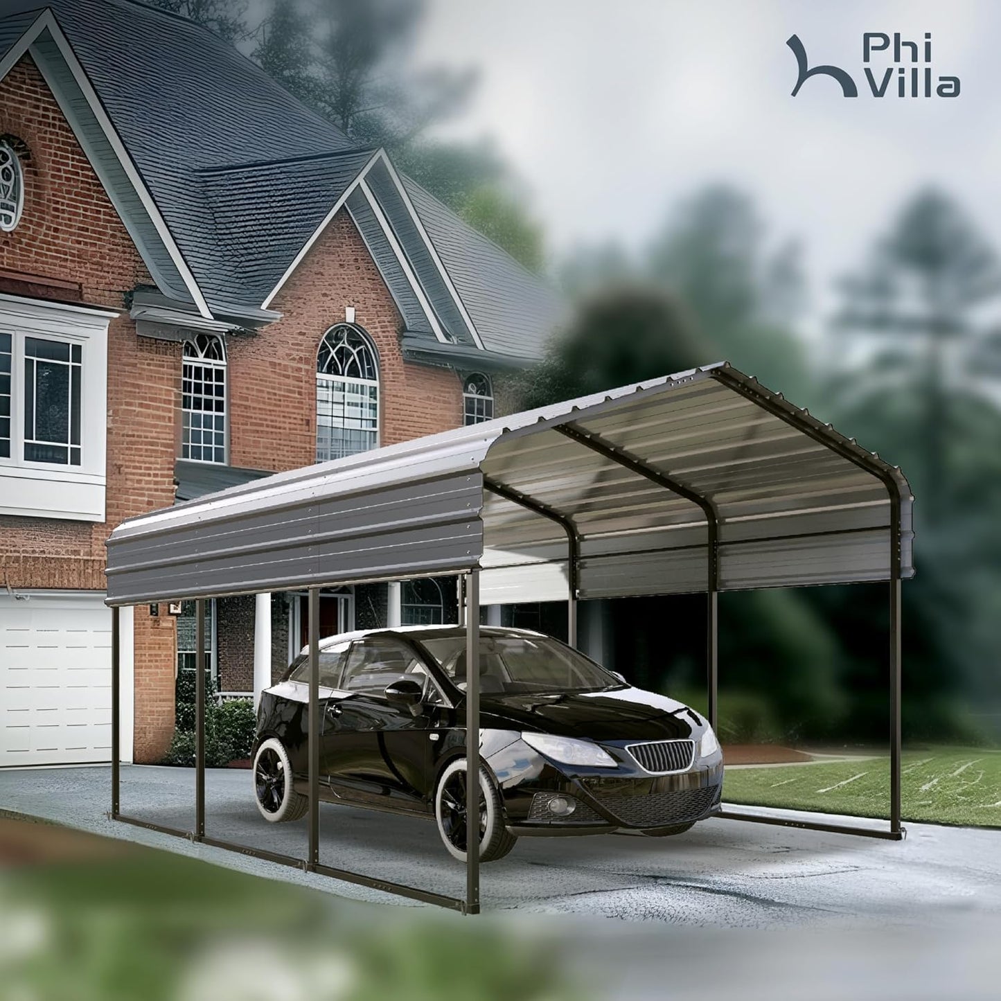 PHI VILLA 10 x 15 ft Heavy Duty Carport with Galvanized Steel Roof Multi-Use Shelter, Sturdy Metal Carport for Cars, Boats, and Tractors