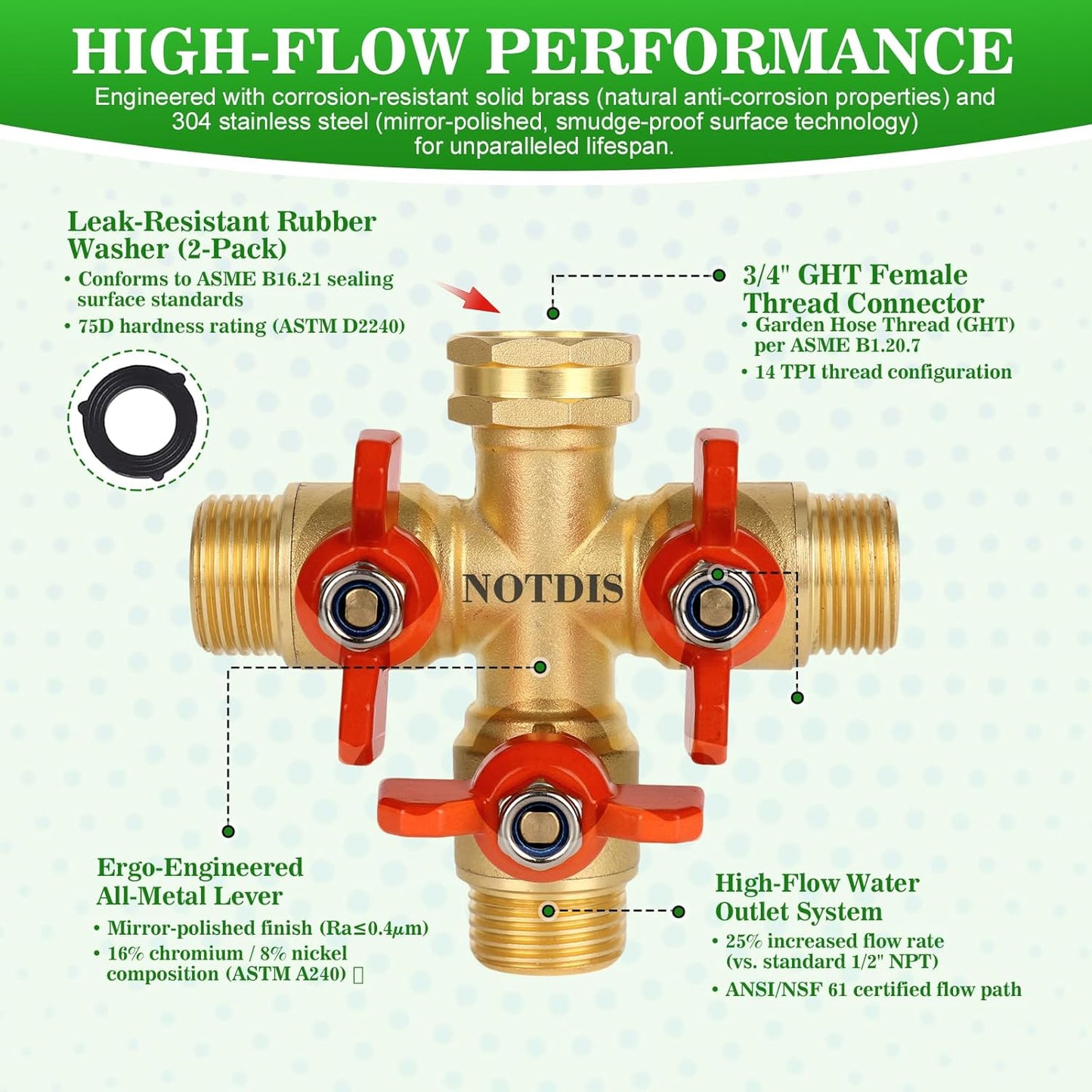 3 Way Hose Splitter, Solid Brass High Volume 3 Way Hose Splitter Valve with Metal Handle, Heavy Duty High Flow Spigot Splitter with Shut off Valve, 3/4 Inch Garden Tap Splitter
