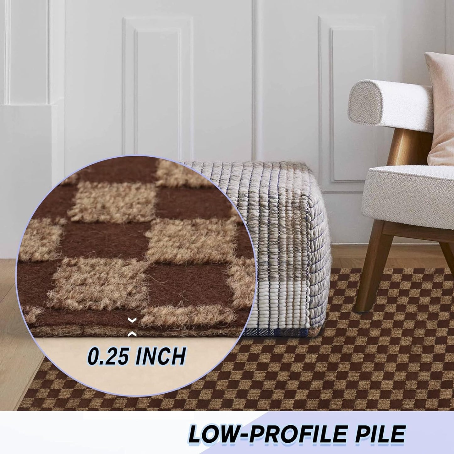Custom Size Backed Non-Slip Area Rugs Runner, Easy Clean, Waterproof Runner Rugs for Hallway Entryway, Kitchen, Laundry, 2FT x 63FT, Brown Checkered