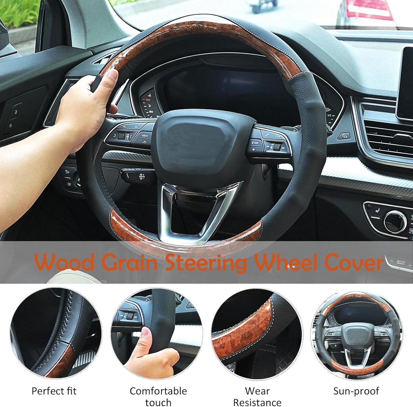 Wood Grain Steering Wheel Cover Gray Car Steering Wheel Covers 14.5-15 inch with Coasters Microfiber Leather Splicing Breathable Anti-Slip Durable Universal Auto Steering Wheel Protective