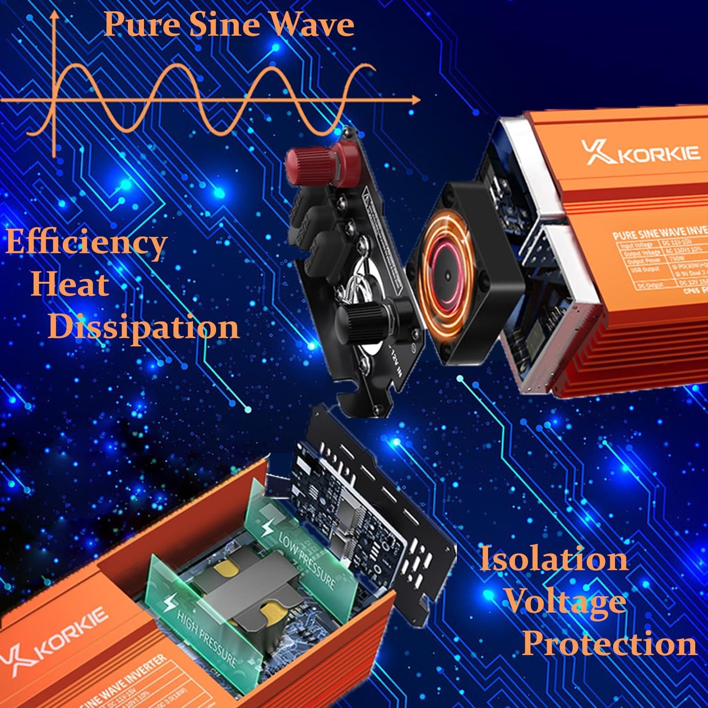 750W Pure Sine Wave Inverter, Car Power Inverter, 12V DC to 110V AC Power Converter, Emergency Power Inverter with Type-C, Dual 5.2V/2.4A USB, 3AC Outlets for Home,Camping, RV, Truck, Vehicles