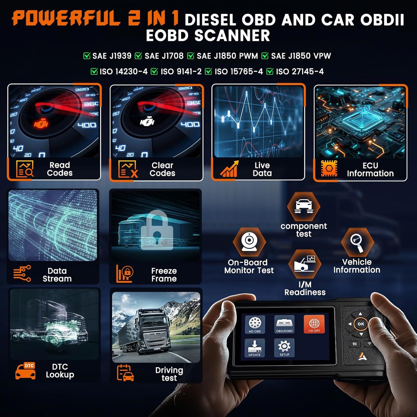 ANCEL HD430 Heavy Duty Truck Scanner, DPF Reset & Forced Regeneration for Cummins & Caterpillar Engine, Full System HDOBD Diesel Scanner OBD2 Diagnostic Scan Tool Code Reader for Diesel Trucks & Cars