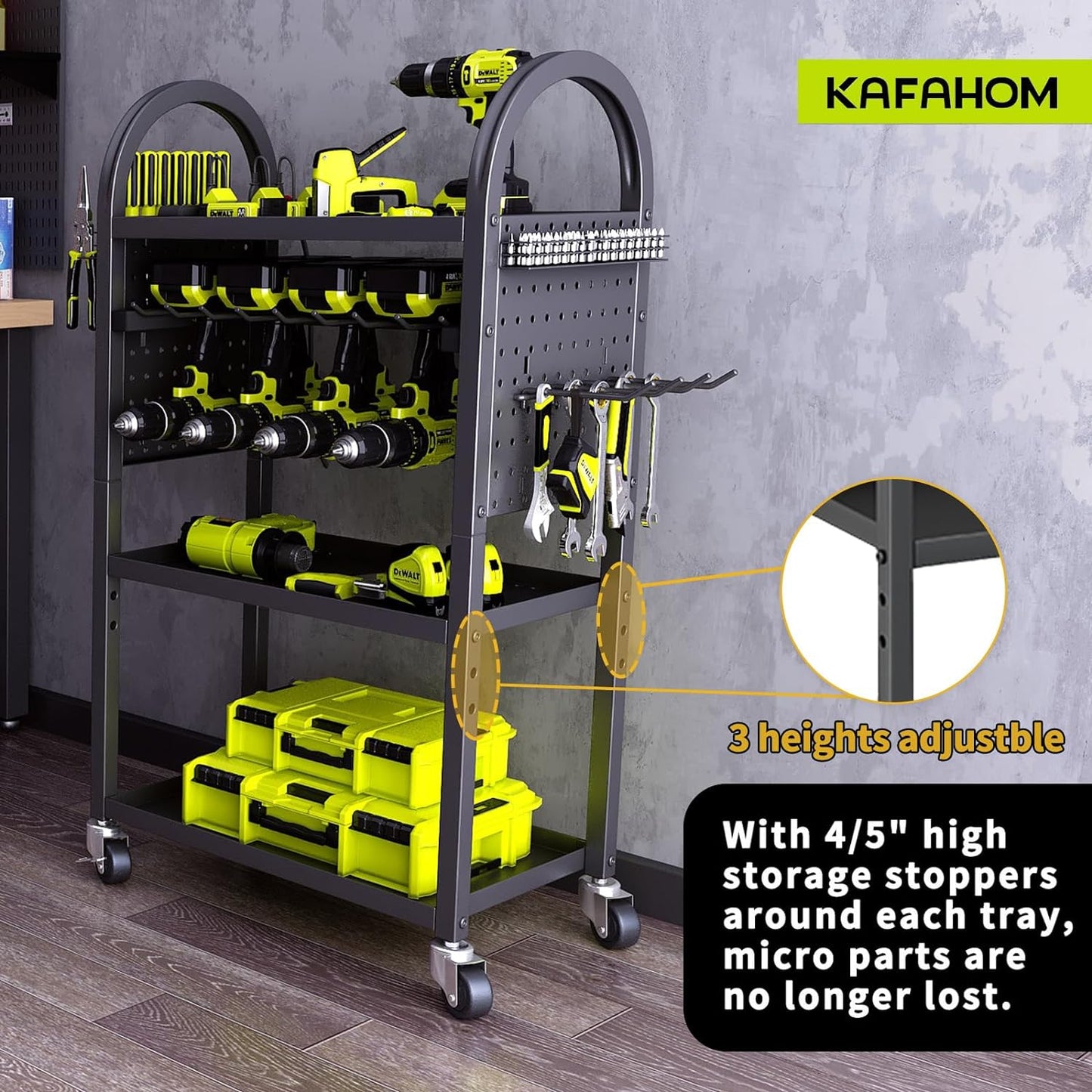 KAFAHOM Power Tool Organizer - 4 Tier Rolling Tool Cart with 8-12 Drill Holder,Tool Storage Cart on Wheels - Heavy Duty Metal Utility Tool Shelf for Garage, Workshop, Warehouse & Repair Shop
