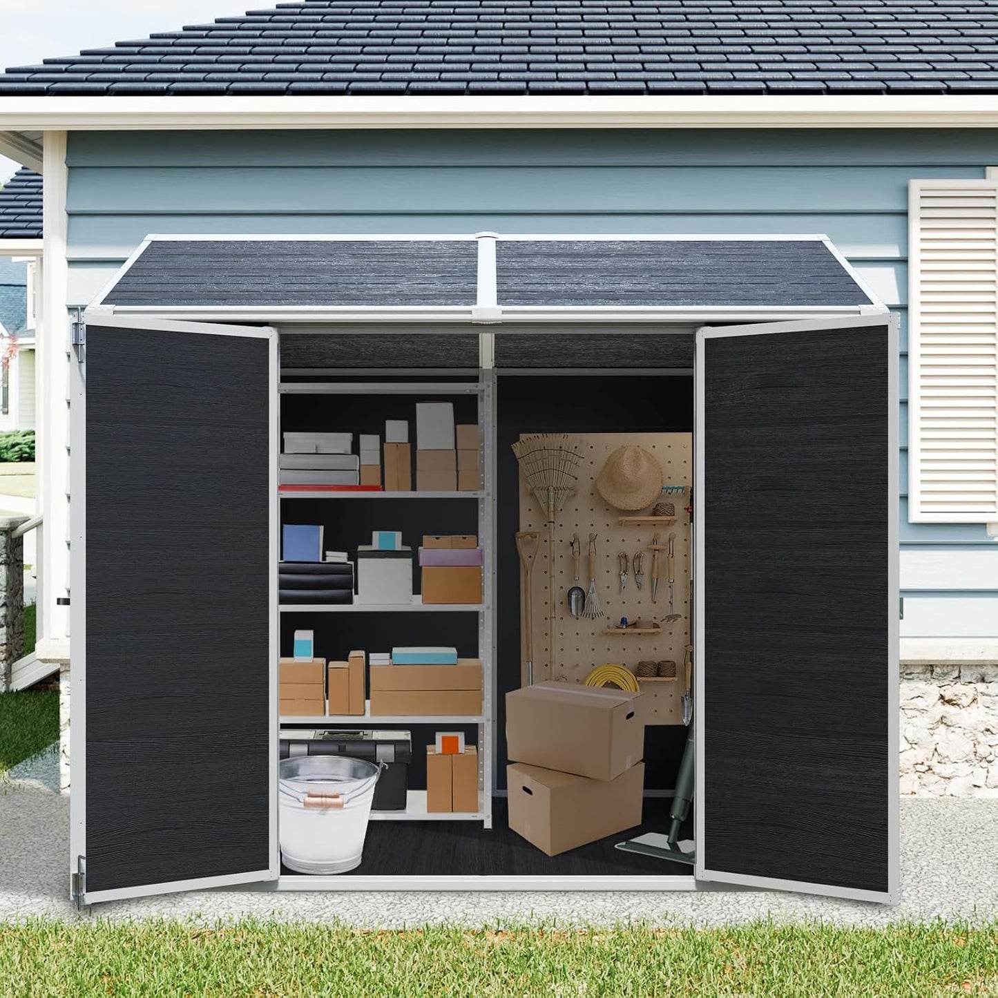 8x6 FT Outdoor Storage Shed, Resin Garden Shed with Thick Floor, Plastic Storage Shed with 2 Windows, Waterproof Outside Tool Shed with Lockable Hinged Doors for Backyard, Patio, Lawn, Black