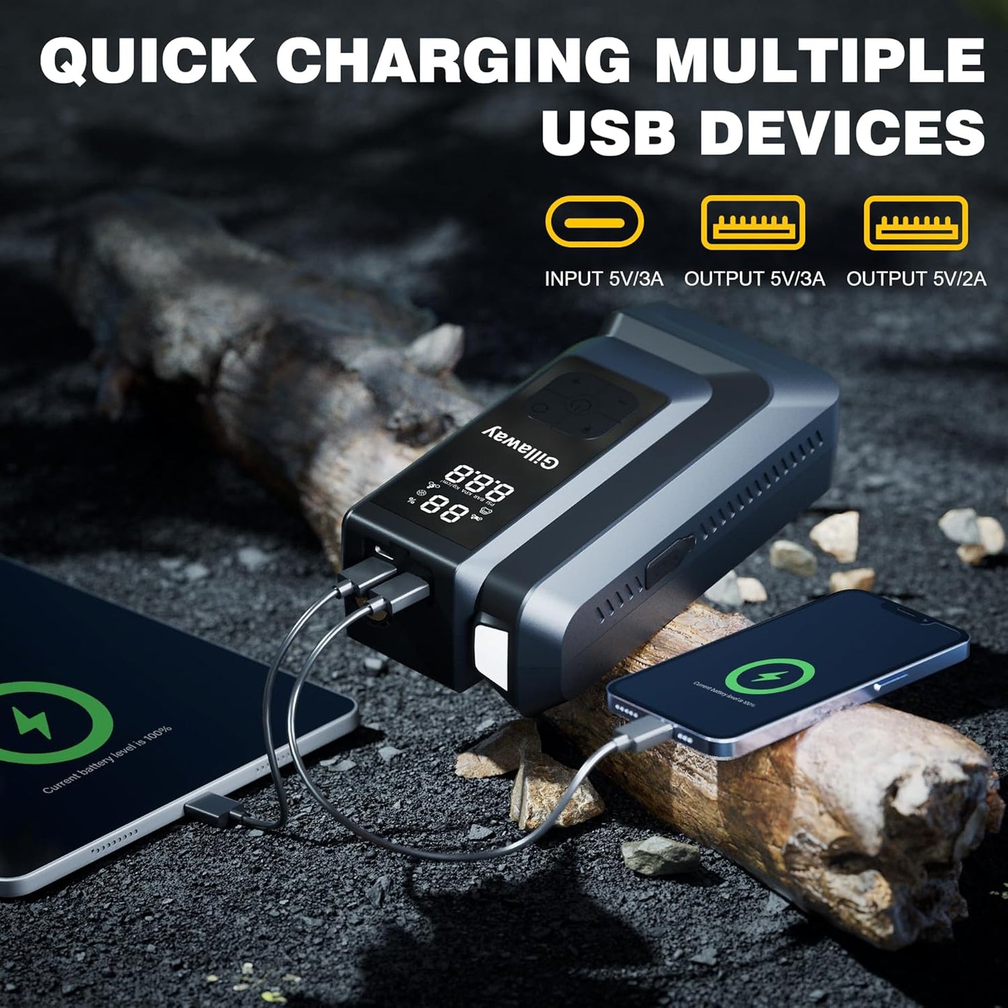 7-in-1 Jump Starter 6000A Car Jumper Starter Portable with 150PSI Portable Air Compressor, 12V Car Battery Charger, Tire Inflator, Flashlight, Power Bank