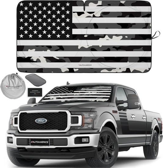 Autoamerics Truck Windshield Sun Shade with Storage Pouch & Anti-Slip Dash Pad - Foldable B&W Camo USA Flag Design - Fits Most SUVs & Trucks - Blocks UV Rays and Keeps Car Cool | XL (66 x 36 inches)
