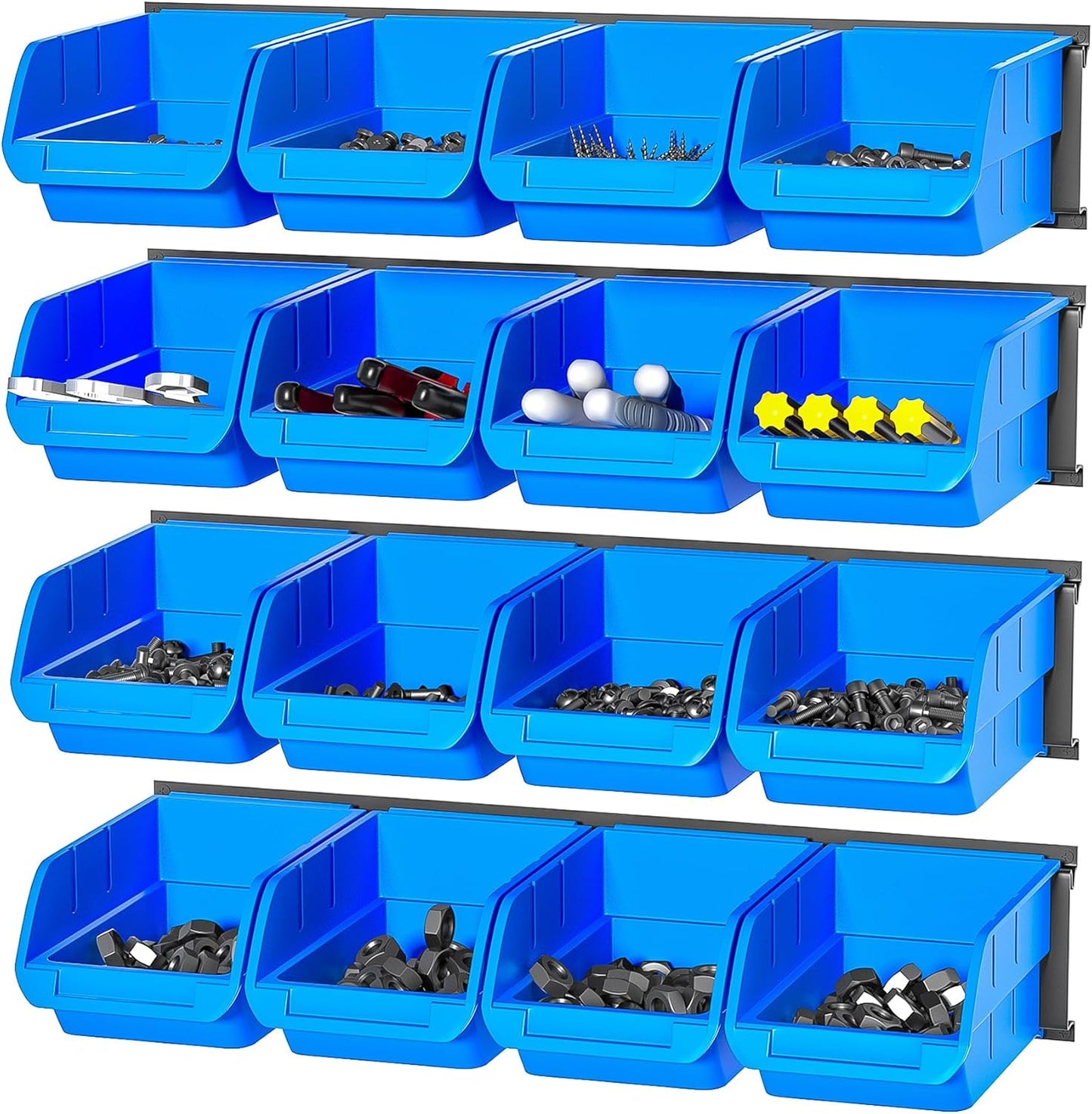Ultrawall Wall Mounted Storage Bins, Plastic Hanging Storage Organizer Bins, Garage Tool Storage System for Screws, Nuts, Bolts, Nails, and Small Hardware Parts, 16x bins & 4 x rails, Blue