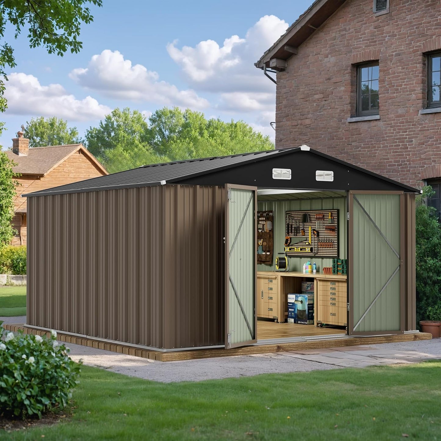 JUMMICO 10 x 10 FT Outdoor Storage Shed, Large Metal Garden Shed & Tool Sheds for Backyard Garden Patio Lawn (Brown)
