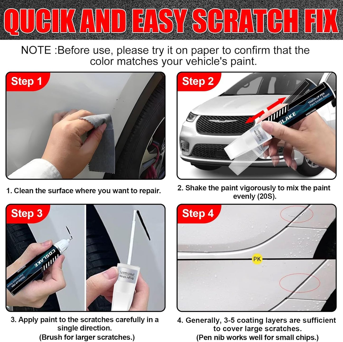 Car Touch Up Paint(Granite Crystal Metallic(PAU/LAU)) for Chrysler, Car Paint Scratch Repair Kit, Quick & Easy Solution to Repair, 2 in 1 Scratch Remover Pen with 2PCS Disposable Micro Applicators