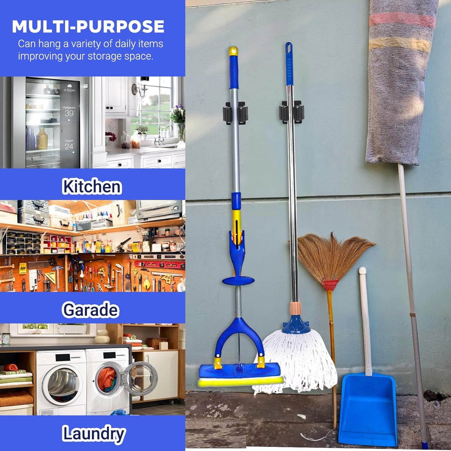 4 Pcs Magnetic Broom Holder, Mop and Broom Holders Wall Mount Heavy Duty Anti-Slip Magnetic Tool Holder with Rubber Grippers for Garage Laundry Kitchen RV Accessories