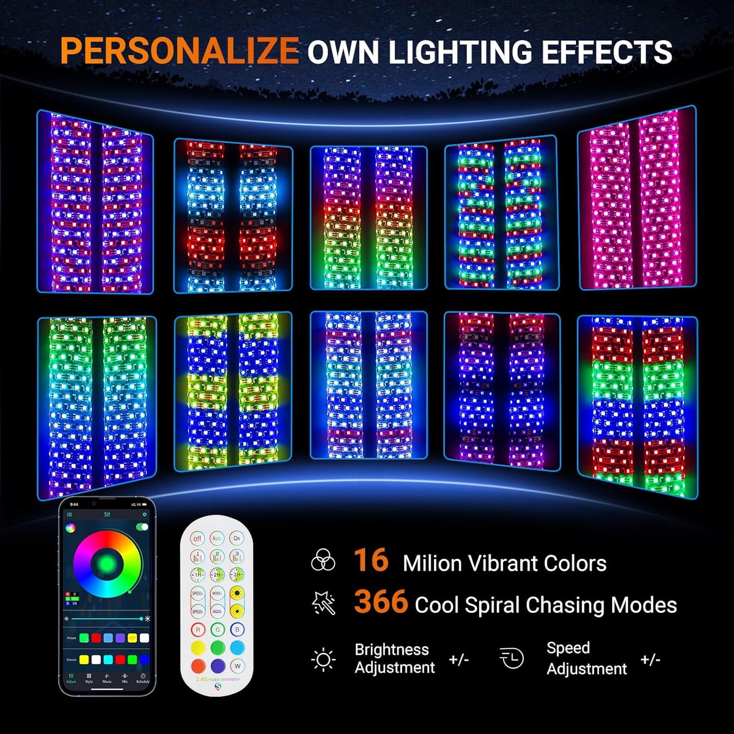 2PCS 3FT Fat Whip Lights for UTV ATV with Spring Base, Led Fatty Whip Light W/Rocker Switch & 6 Flags, Brighter Spiral Chasing Lighted Antenna Whip with APP & Remote Control for RZR SXS Can-Am