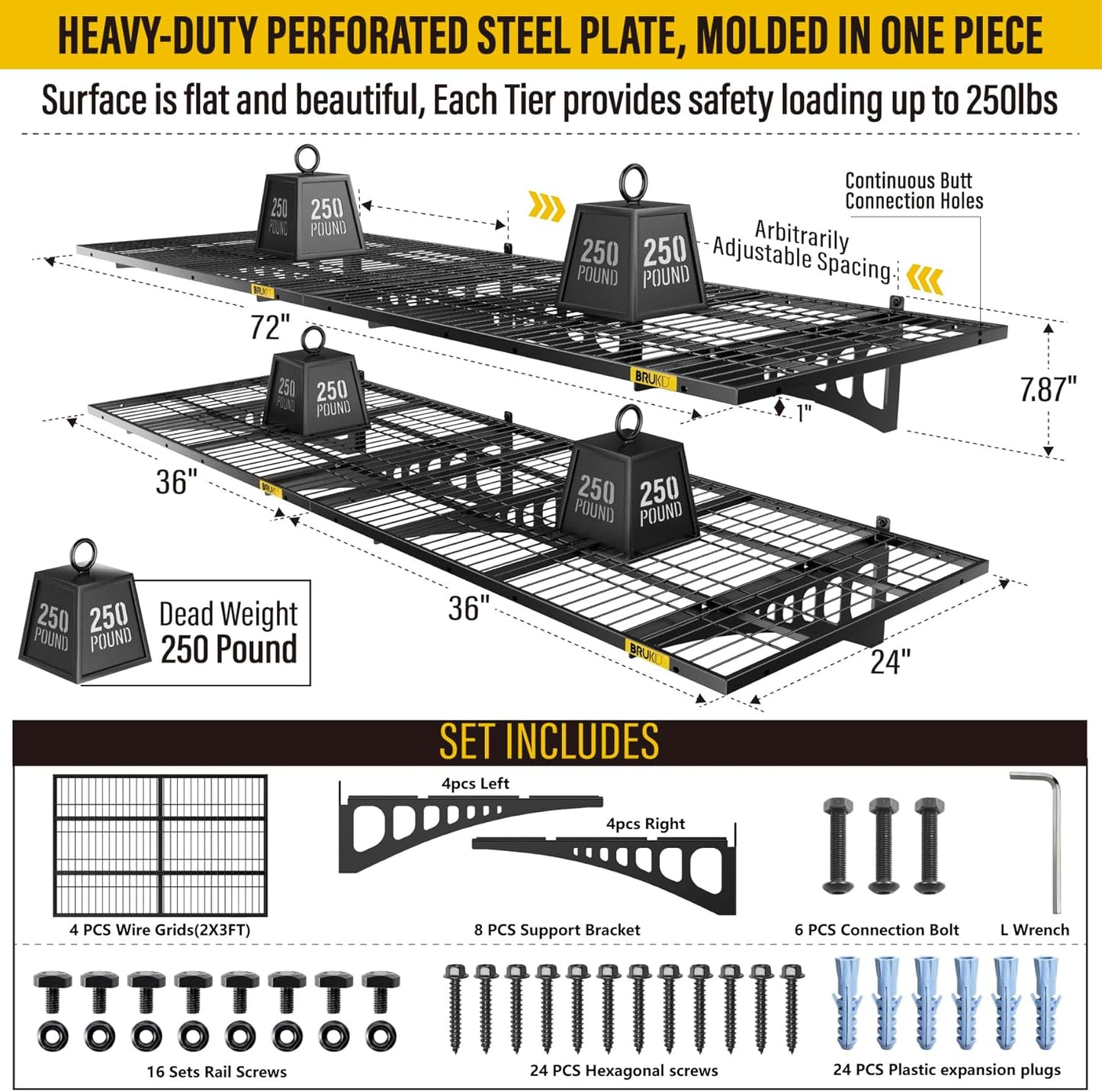 2x3ft Adjustable Rail Wall Garage Storage Shelf, for Tool Room, Storage Room, Store Supermarket Wall Storage Shelving Rack (4 Pack-Black)