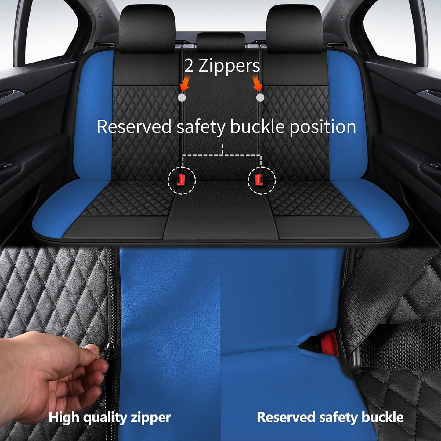 Blue Car Seat Covers,Breathable and Waterproof Seat Cover Full Set,PU Premium Universal Fit Automotive Airbag Compatible for Cars Sedans SUVs Vans and Trucks(Full Seat,Black+Blue,N1)