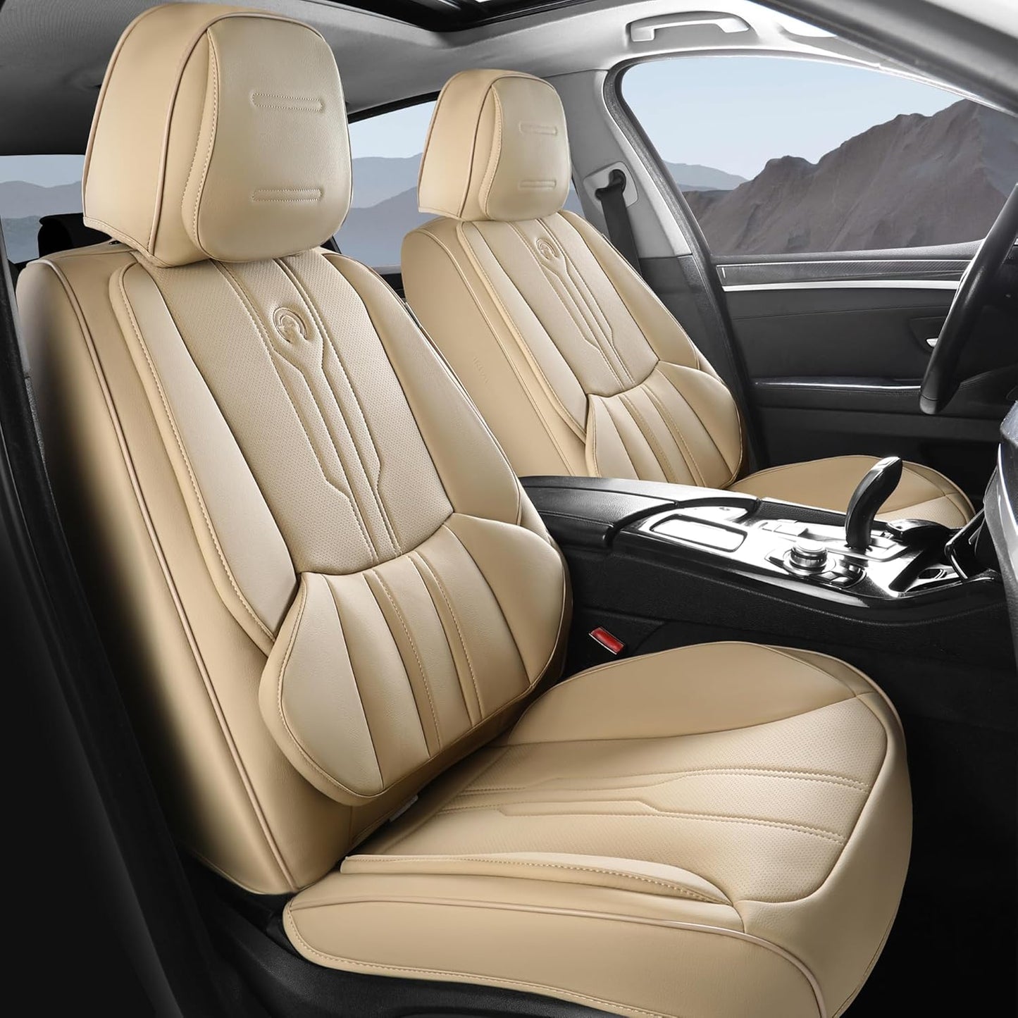 AOOG Front Seat Covers, Car Seat Covers Front Seats, Leather Seat Covers for Cars, Waterproof Seat Covers with Lumbar Support Universal Fit for Most Cars SUV Trucks(Front Pair, Beige)