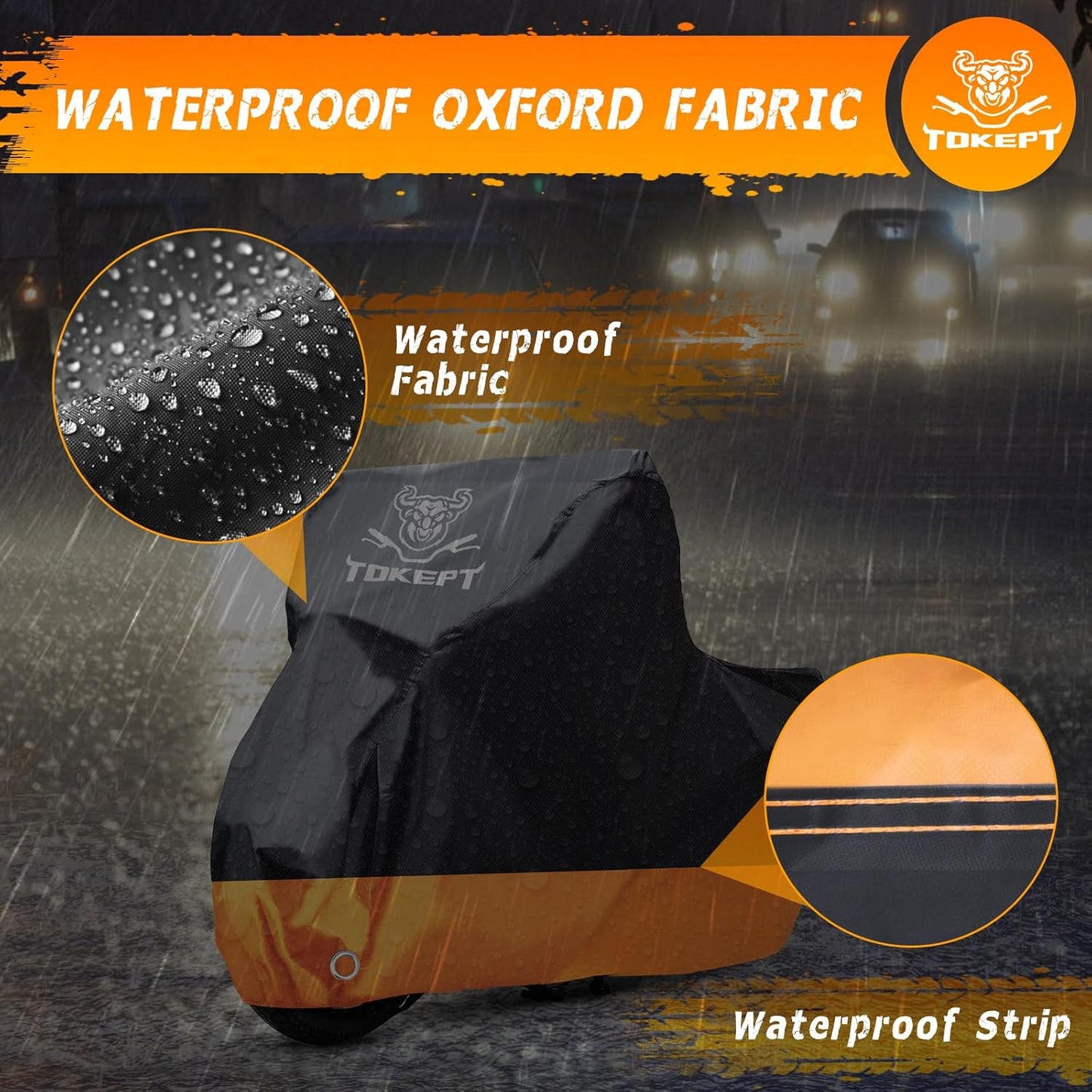 Motorcycle Cover, All-Season Waterproof Outdoor Sun Protection Fit up to 91 Inch Harley-Davidson Honda Suzuki Kawasaki Yamaha (L Black&Orange)