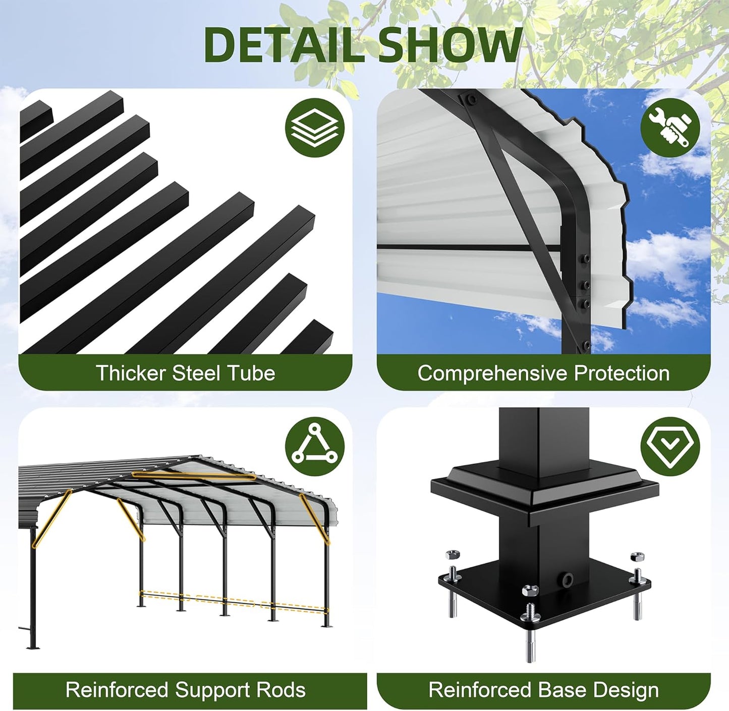 JAMFLY Carport, 20X20 FT Metal Carport, Heavy Duty Carport Canopy with Galvanized Steel Roof and Frame, Metal Carport Upgraded Extra Large Garage for Pickup, Boat, Car and Tractors