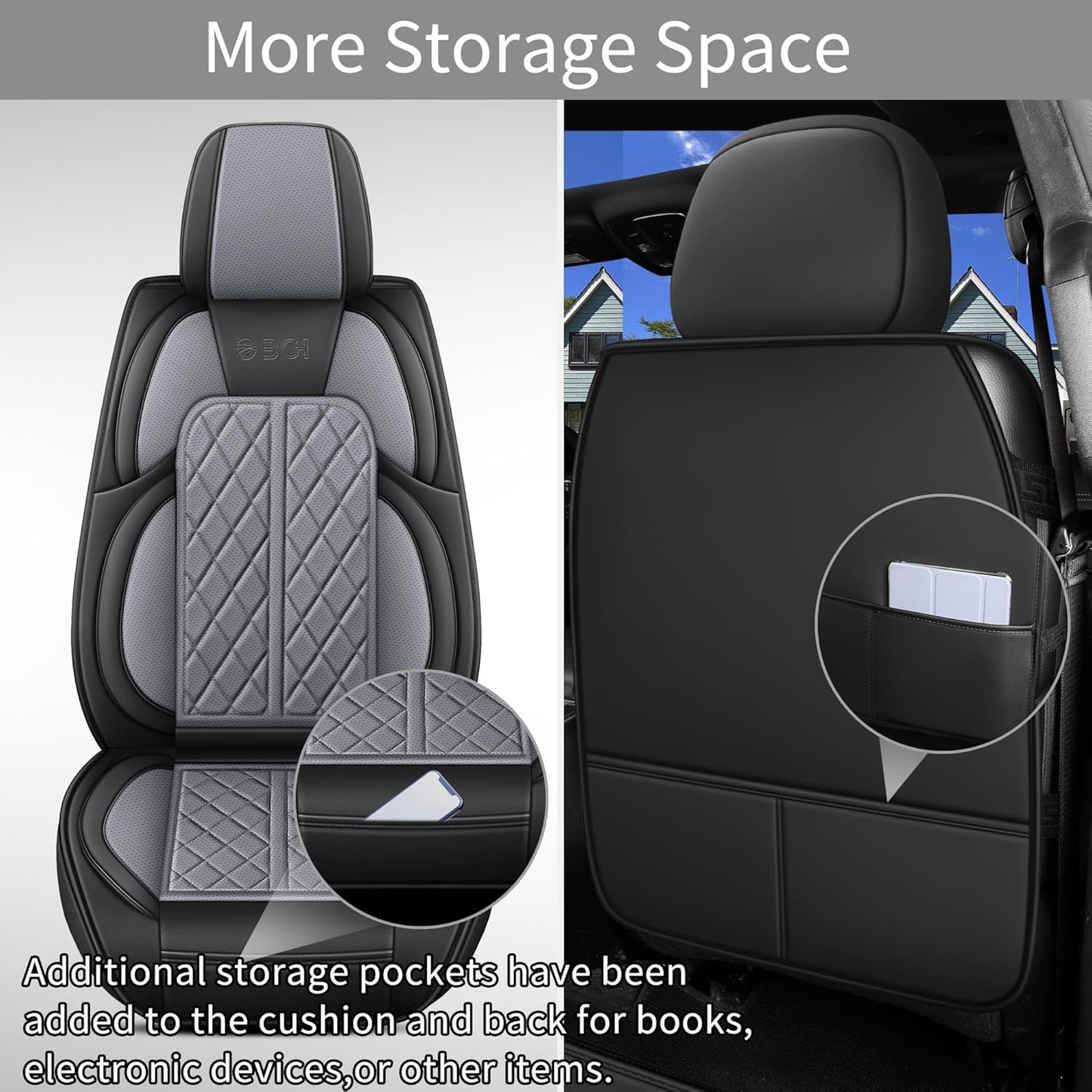 Car Seat Cover Custom Fit for Dodge Ram 1500 2500 3500 2002-2024 Faux Leather Seat Cover Set Compatible with Crew Quad Regular Cab Pickup Truck Cushions (Black & Grey, Full Set, Flat Rear)