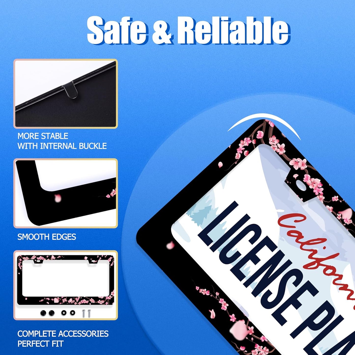 Cherry Blossom License Plate Frame Beautiful Flowers Pink License Plate Stainless Steel Funny License Plate Holder Floral Car Accessories Decoration With Screws Fits Standard Vehicles Size 12.3"x 6.3"