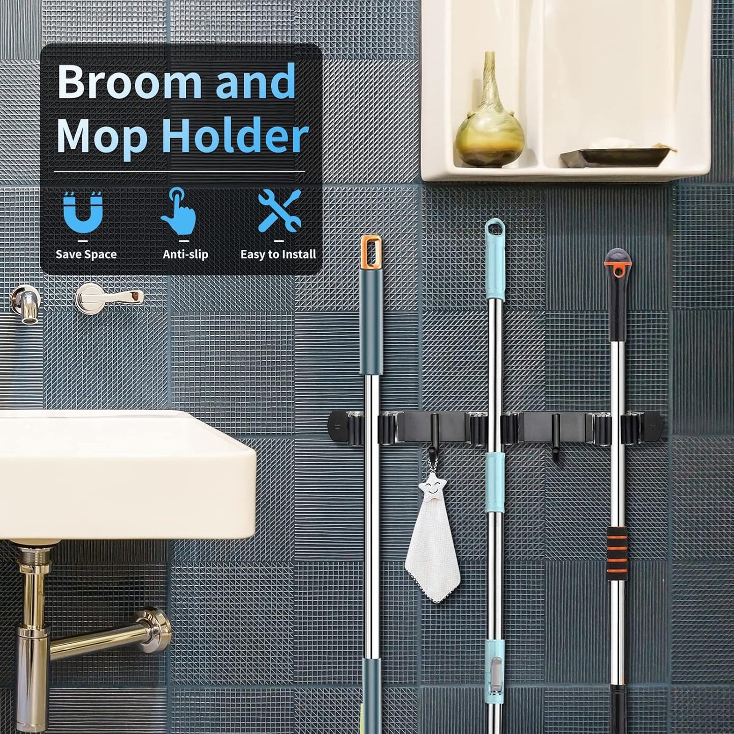 Huryfox Heavy-Duty Stainless Steel Broom Holder, Black, Wall Mount, 1-4 cm Diameter Compatible, Adjustable, 3 Racks, 2 Hooks, Space-Saving