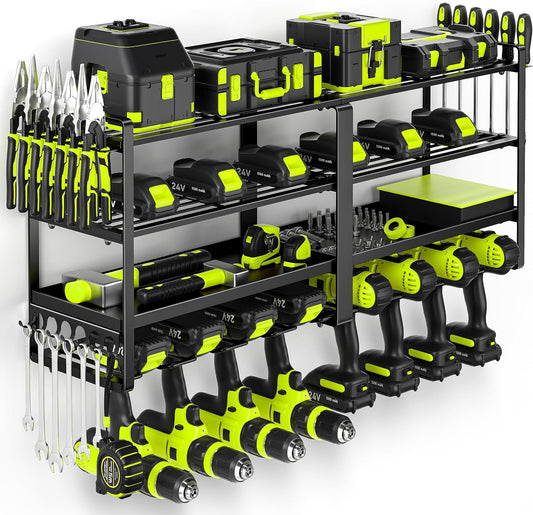 33" W Large Power Tool Organizer Wall Mount Loads 400 lbs, Heavy Duty 8 Drills Holder, 4-Tier Cordless Tool Battery Storage Shelf, Utility Racks for Garage Workshop Shed, Gifts for Men Husband