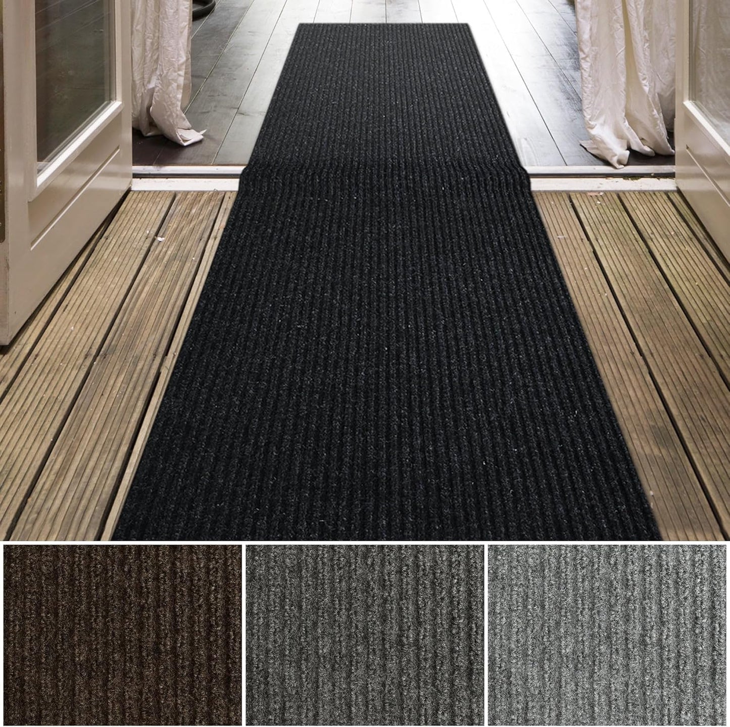 iCustomRug Spartan Weather Warrior Indoor/Outdoor Utility Ribbed Carpet Runner with Non-Slip Thermoplastic Rubber Backing, 3ft X 50ft in Black