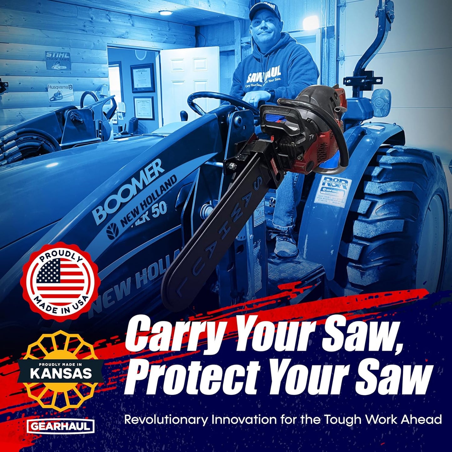 SawHaul Snap-Lok Universal Chainsaw Carrier Kit for Tractors and Skid Steers – 28 Inch Blue Scabbard with Rotating Mount – Compatible with All Chainsaw Brands – Made in USA