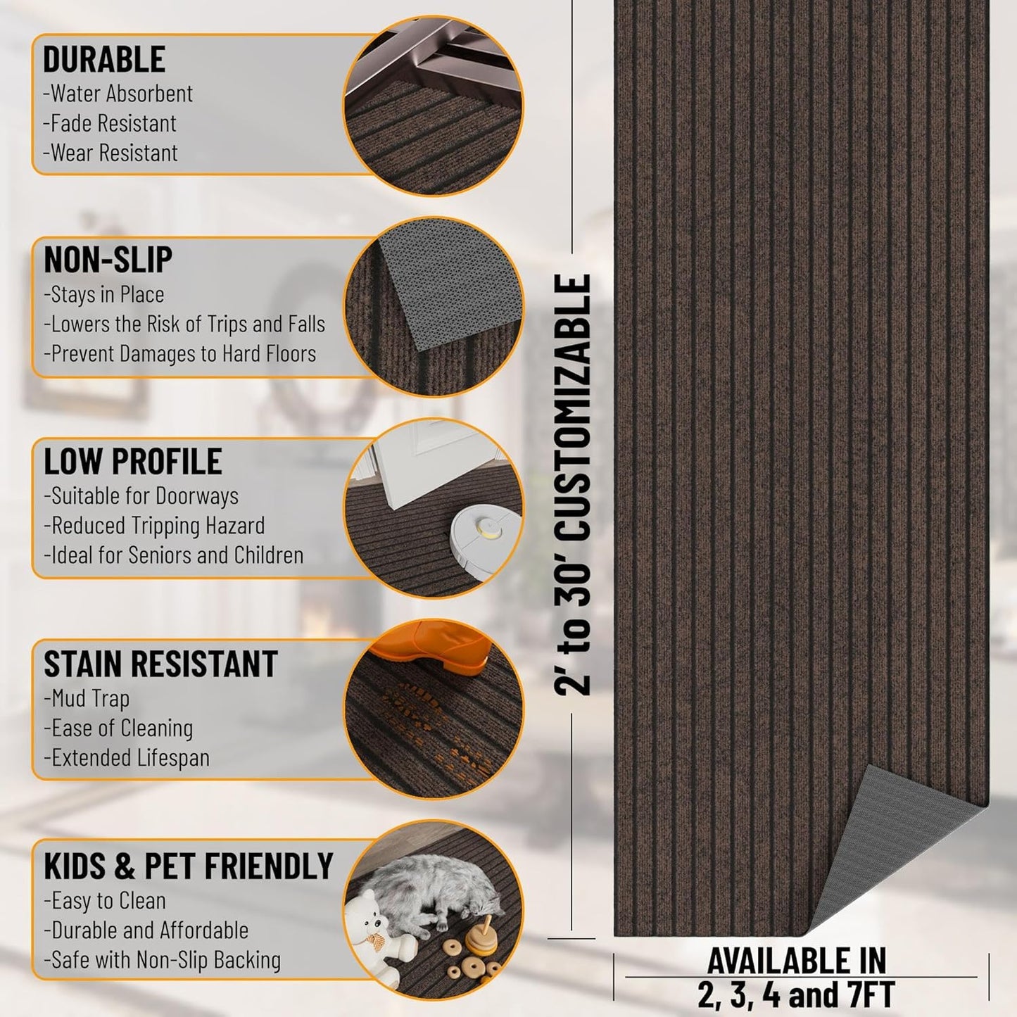 Ottomanson 2'7" x 24' Hallway Runner with Scraper Pile - Extra Durable Non-Slip Rug Mat for Indoor & Outdoor Use - Ideal for Kitchen, Entryway & Garage - High-Traffic Carpet, Brown