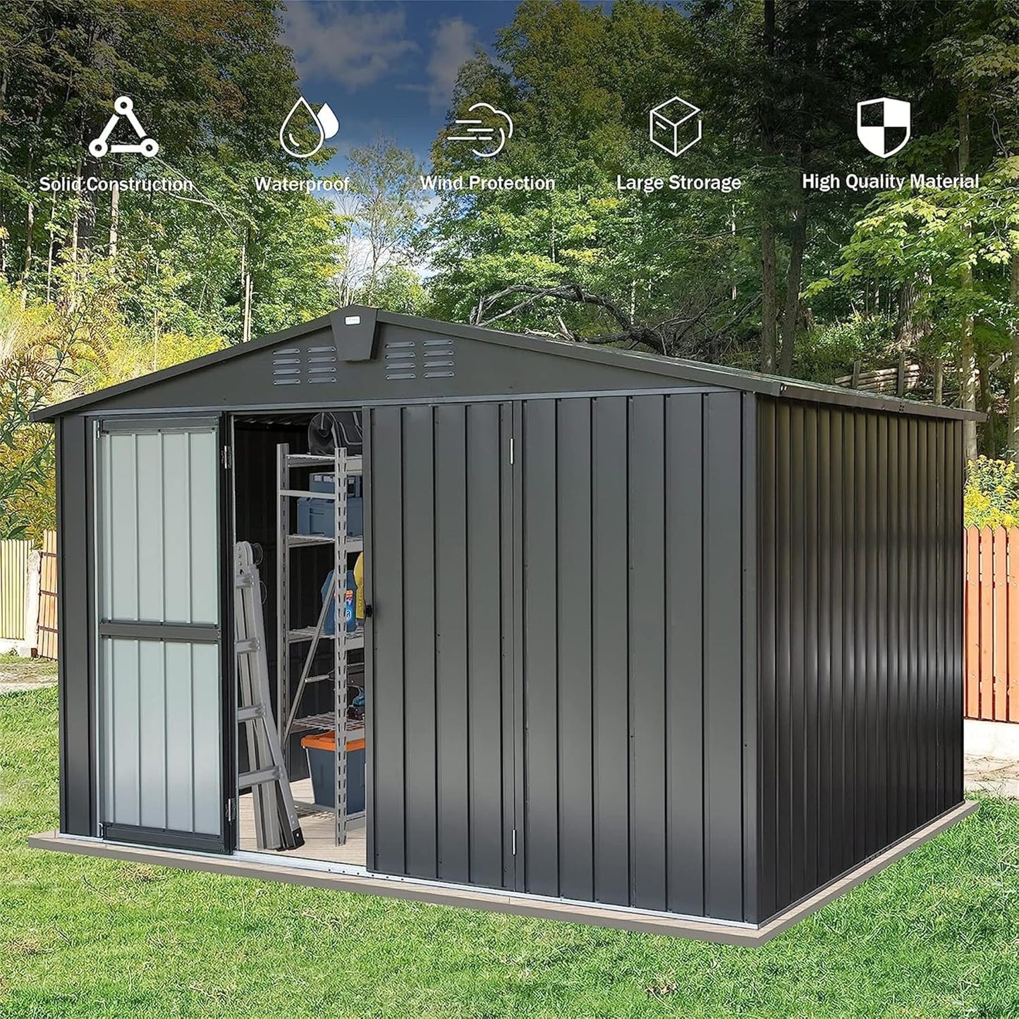 IKERY Galvanized Steel Storage Shed 10' x 8' with Lockable Door - Extra Large Metal Garden Shed for Bikes, Tools, Trash Cans - Backyard & Patio - Dark Gray