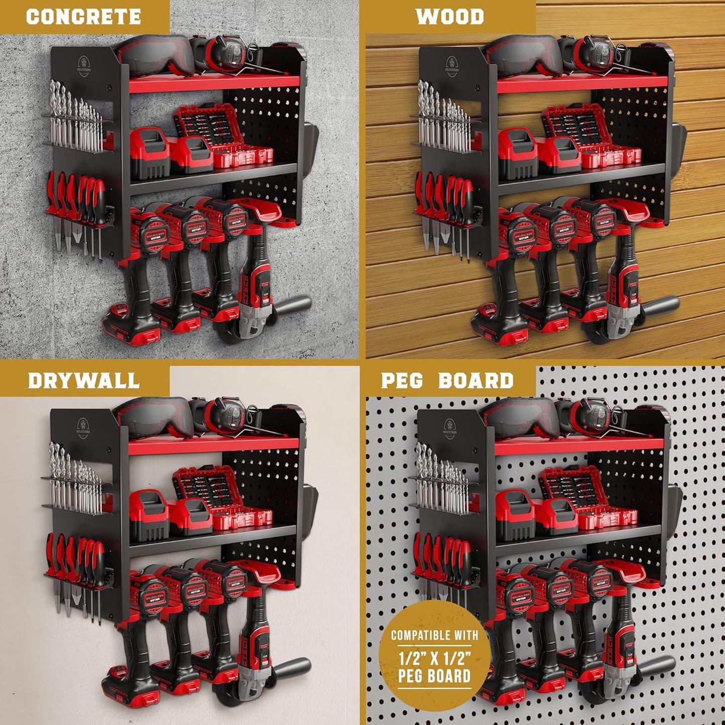 Power Tool Organizer Wall Mount - 3-Tier Heavy-Duty Metal Hand Tool Storage Rack, Utility Racks, Drill Holder, PegBoard Side, & More - Garage Storage Cordless Tool Organizer (Red)