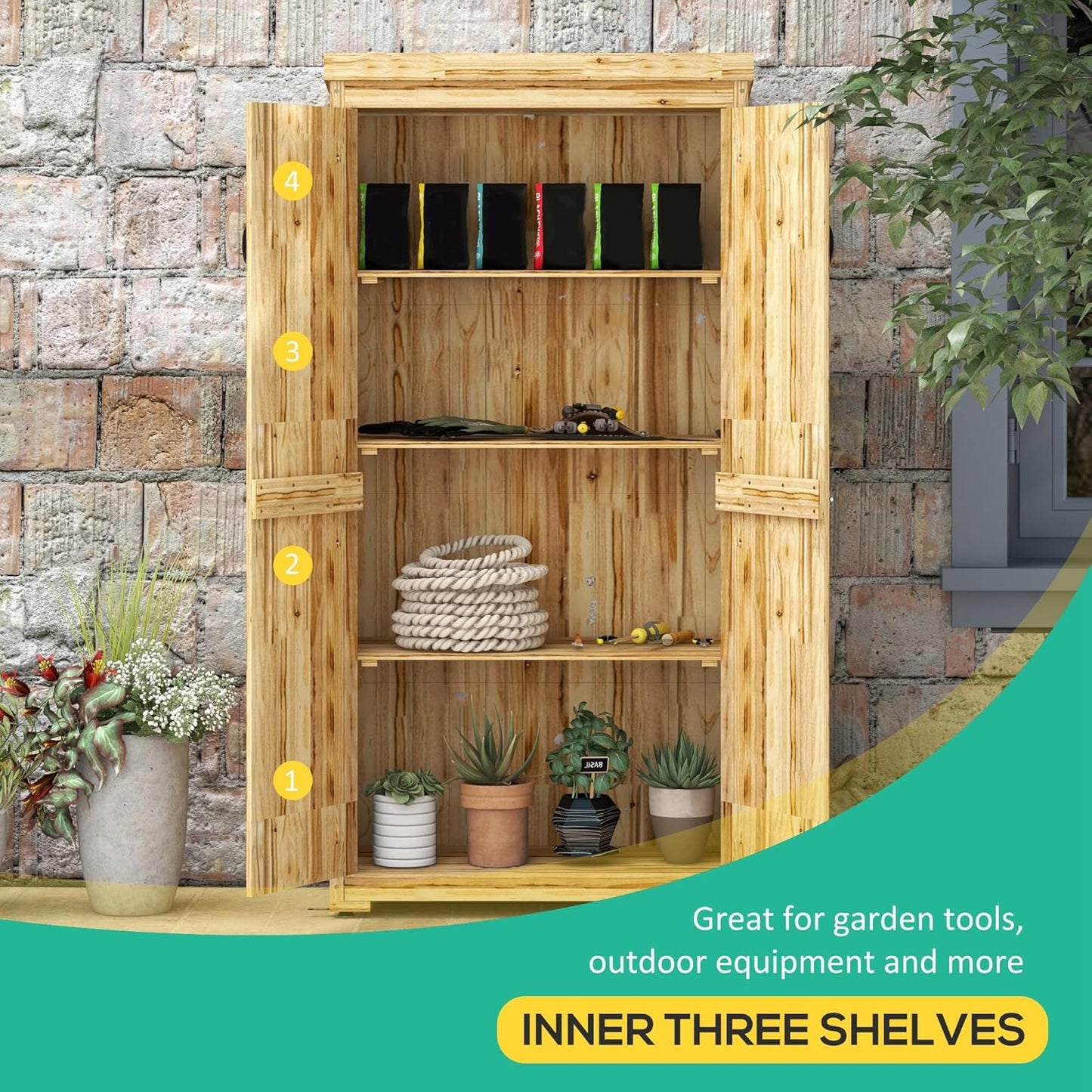 Wooden Garden Shed, Outdoor Storage Cabinet with Waterproof Galvanized Metal Roof, Narrow Tool Shed with 3 Shelves and Lockable Door, Natural