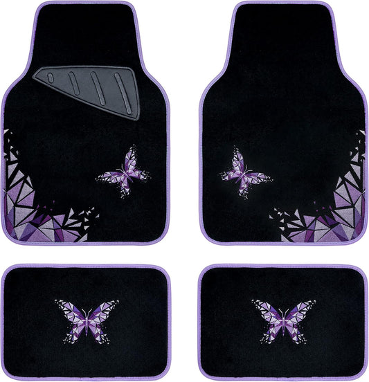 CAR PASS Universal Embroidery Geometric Butterfly Car Floor Mats with Heel Pad-Waterproof-Anti Slip Nibs,Purple Car Floor Mat Fit 95% Automotive,SUVS,Sedan,Vans,for Women,Girly(Purple Butterflies)