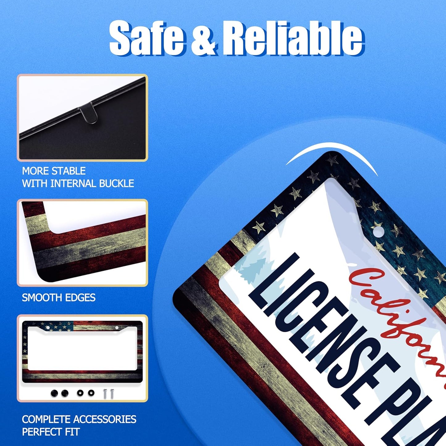 American Flag License Plate Frame Vintage USA Flag License Plate Stainless Steel Funny License Plate Holder Patriotic Car Accessories Decoration with Screws Fits Standard Vehicles Size 12.3" x 6.3"