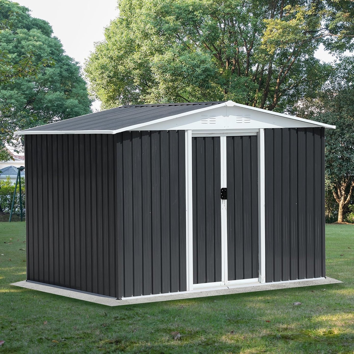 6x8 FT Outdoor Storage Shed, Metal Garden Shed with Lockable Sliding Doors, Outside Tool Shed with Sloped Roof & 4 Air Vents, Waterproof Storage Building for Backyard, Patio, Lawn, Gray