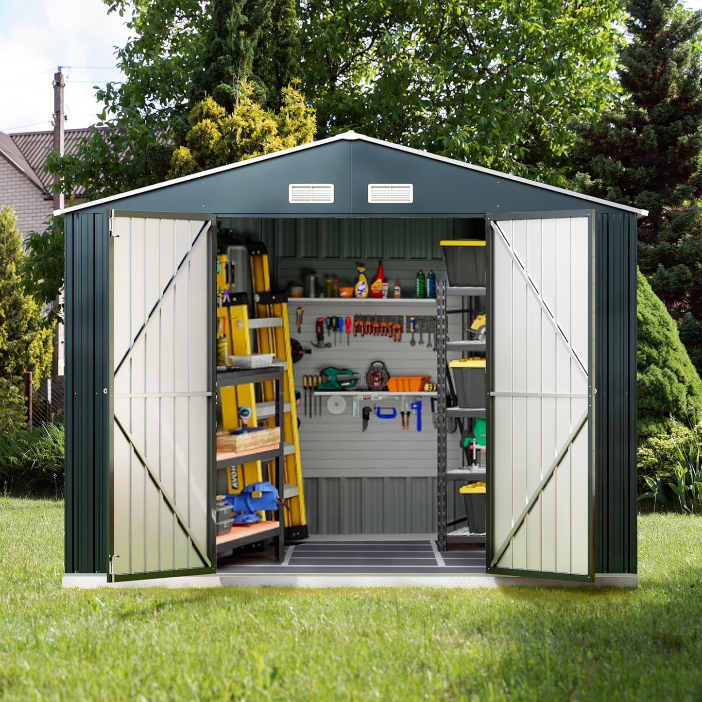 Breezz Outdoor Storage Shed 10 x 10 ft. Utility Tool Shed Metal Storage Garden Shed with Lockable Doors, Windows & Metal Frame Floor for Patio Storage,Nightblue