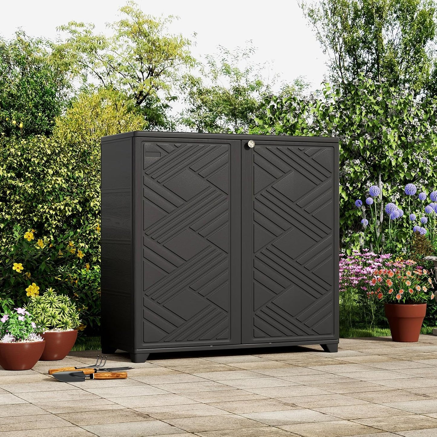 ZZM Indoor/Outdoor Storage Cabinet Waterproof, 34"x15"x34" Plastic Outdoor Storage Box for Garden Balcony Bathroom, All Weather Outdoor Storage Clearance, DIY Usage, with 2 Shelf (Black)