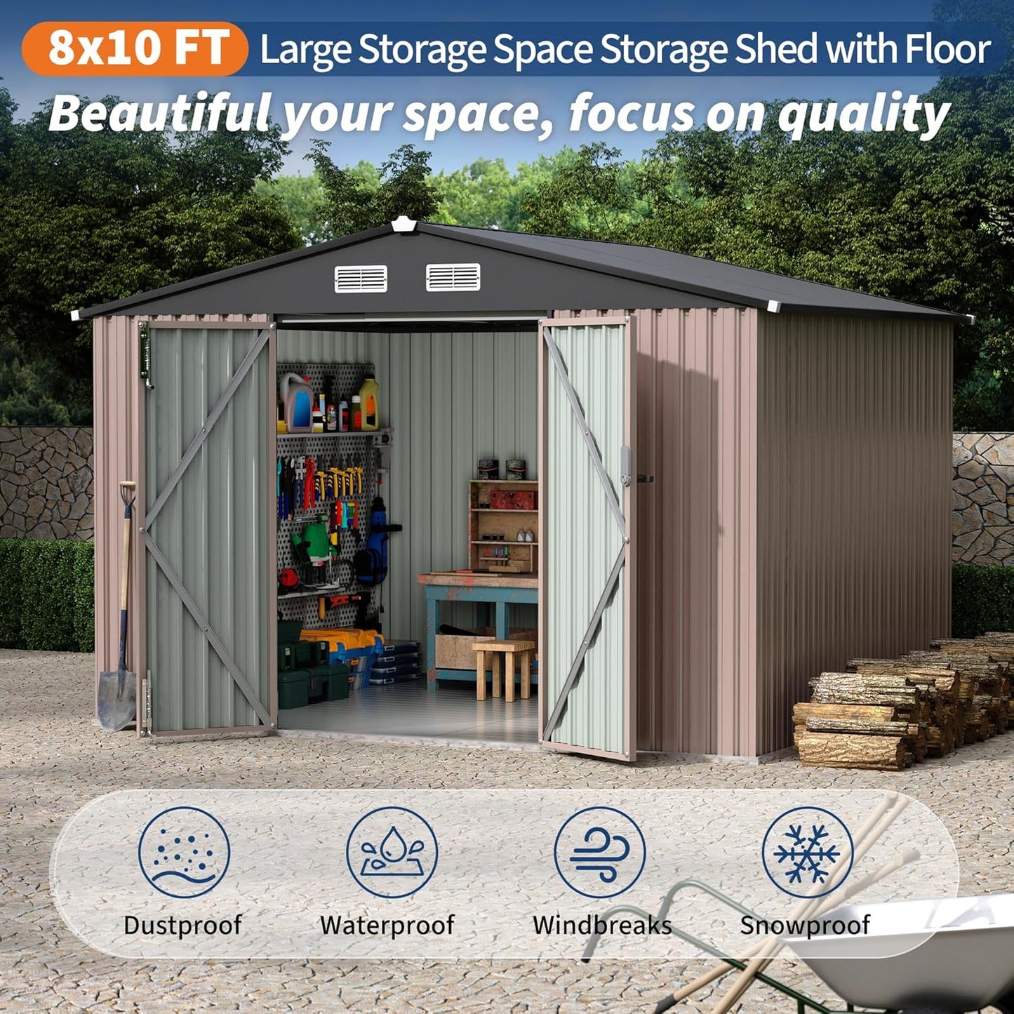 8x10x6.4 FT Outdoor Storage Sheds with Floor, Metal Garden Tool Shed for Backyard, Large Metal Sheds Outdoor Storage With Lockable Doors & Air Vents for Backyard Garden Patio Lawn