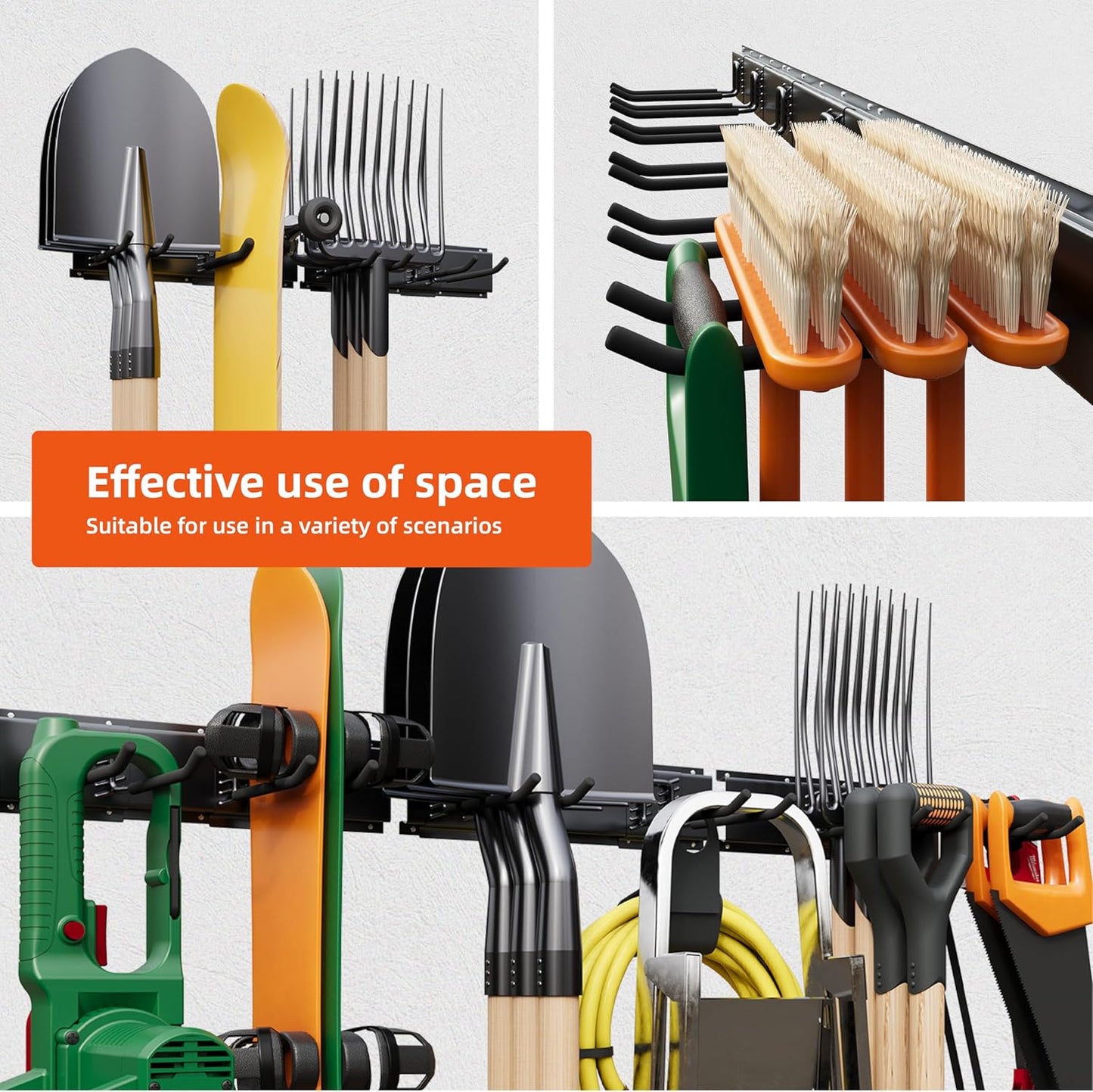 Garage Tool Organizer Wall Mount 48", Garage Wall Organizer 400 lbs, Heavy Duty Garages Organizers and Storage with Adjustable Hooks, Garden Tool Storage Rack for Shovels, Hoses, Ladders