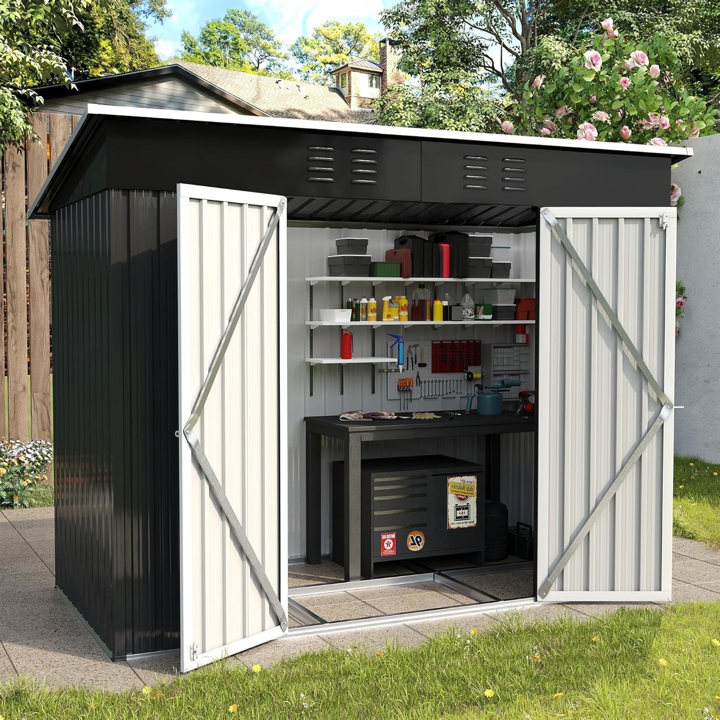 UDPATIO Outdoor Storage Shed 8x4 FT, Outside Sheds & Outdoor Storage Metal Galvanized Steel Yard, Patio, Lawn, Tool Shed with Lockable Door for Can, Bike, Lawnmower,Dark Grey